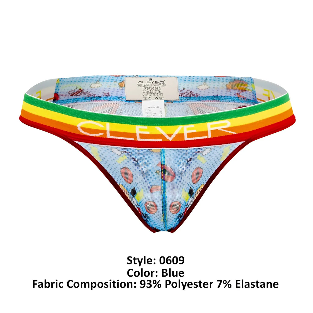 Blue patterned Clever 0609-1 motivation thong with rainbow-striped waistband and white brand name print