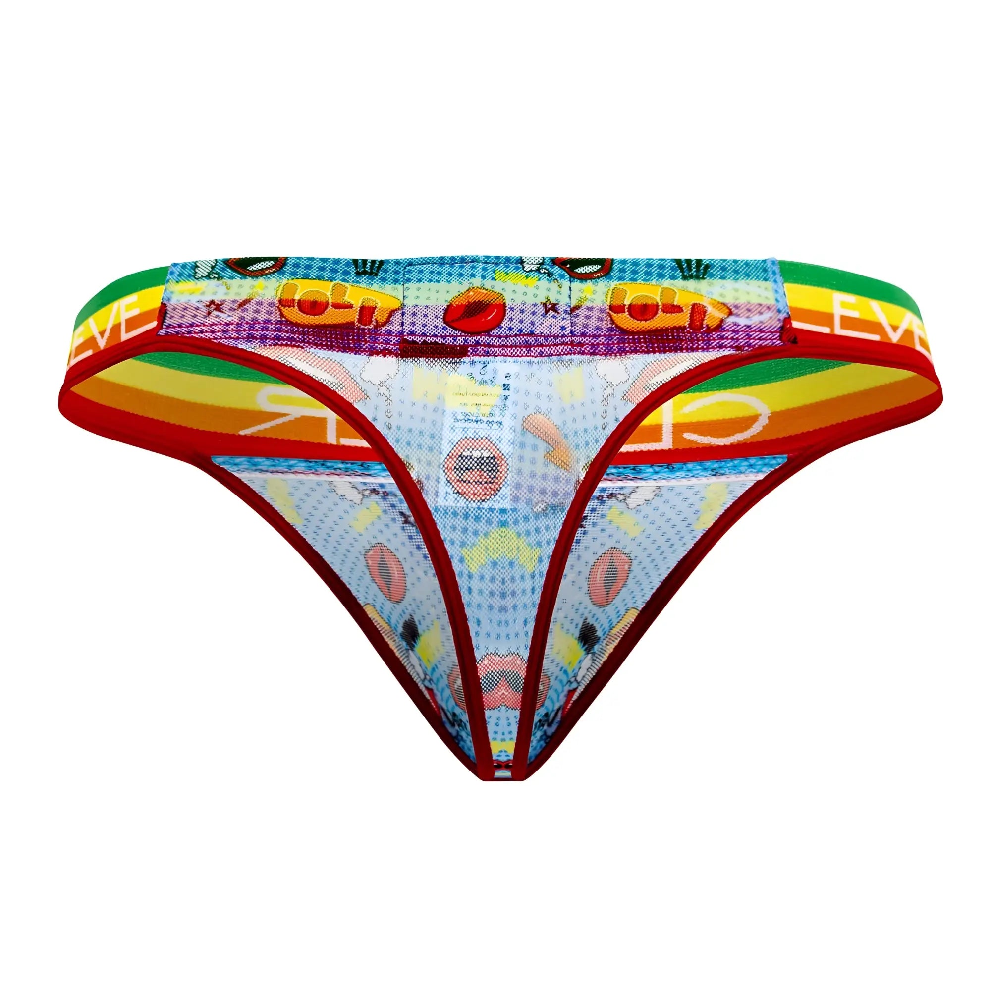 Blue clever 0609-1 motivation thong with rainbow-striped cartoon mesh fabric and bold red trim front view