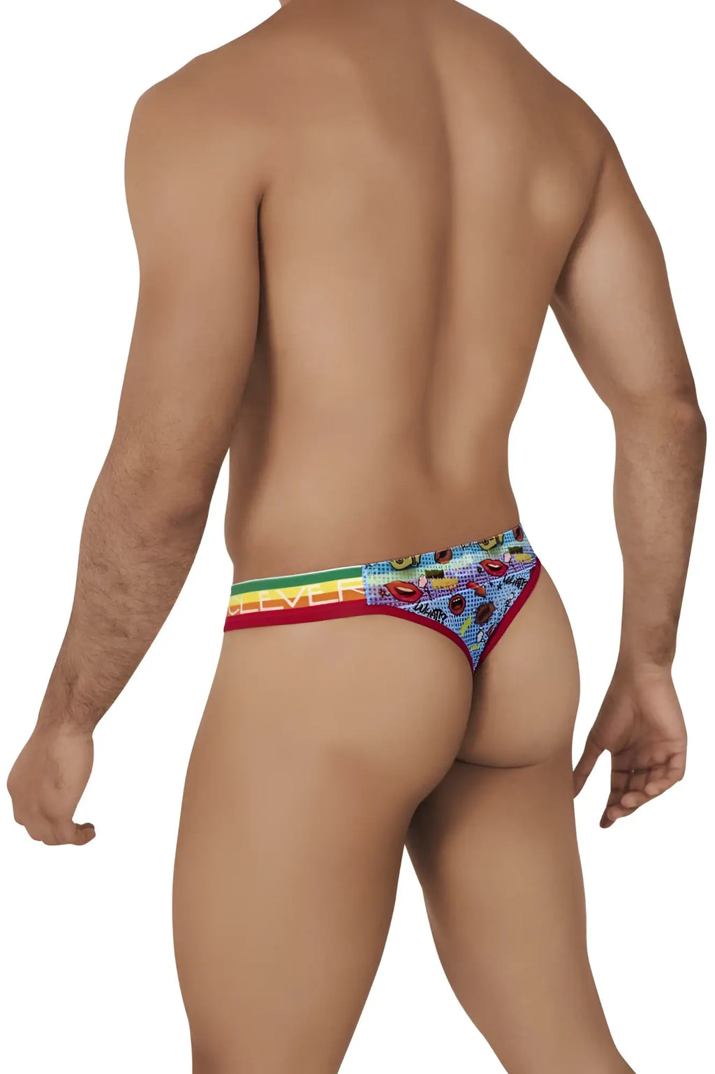 Clever 0609-1 motivation thong in blue with rainbow stripes fruit pattern and red trim, shown from back side