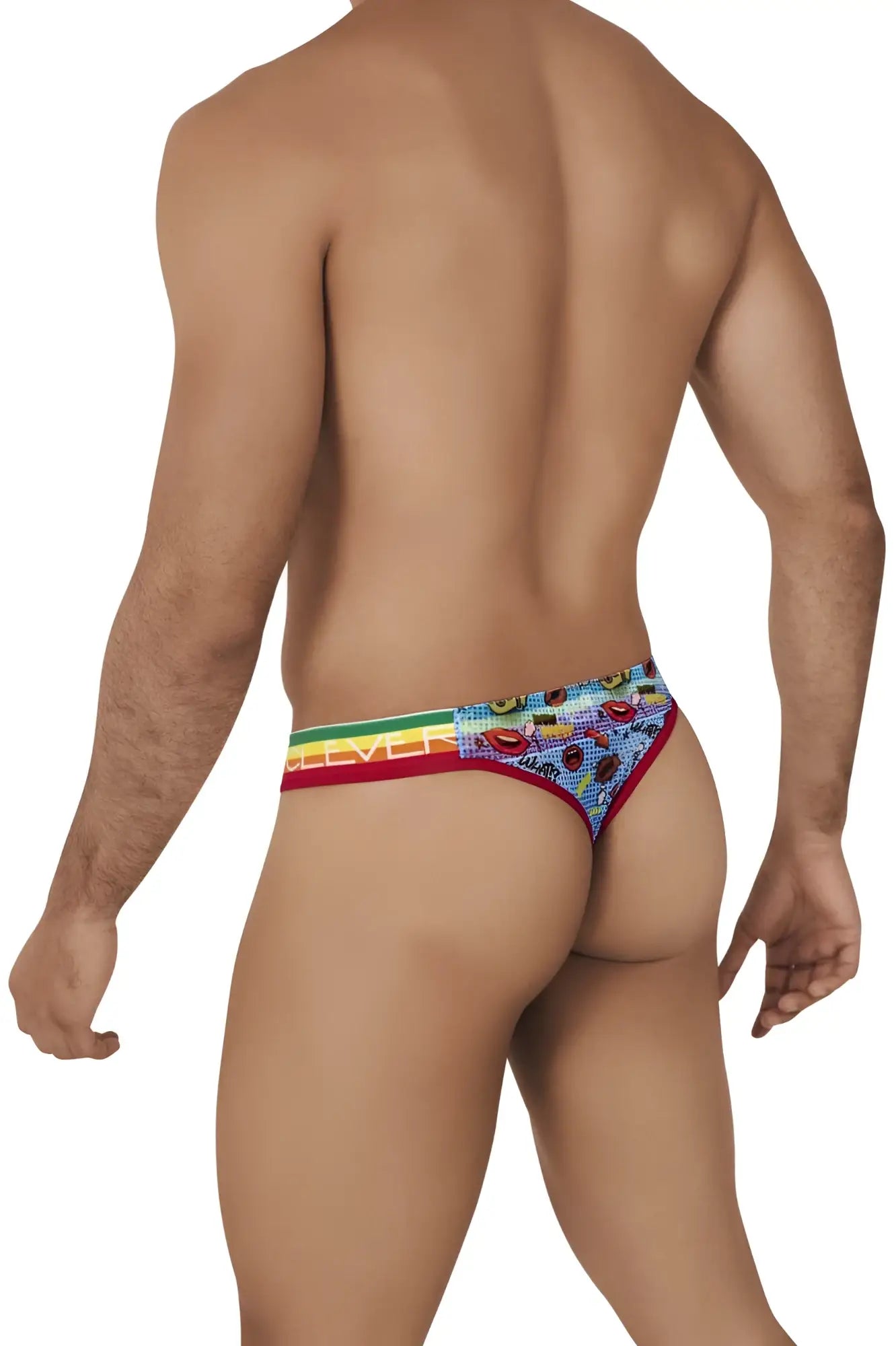 Clever 0609-1 motivation thong in blue with rainbow stripes fruit pattern and red trim, shown from back side