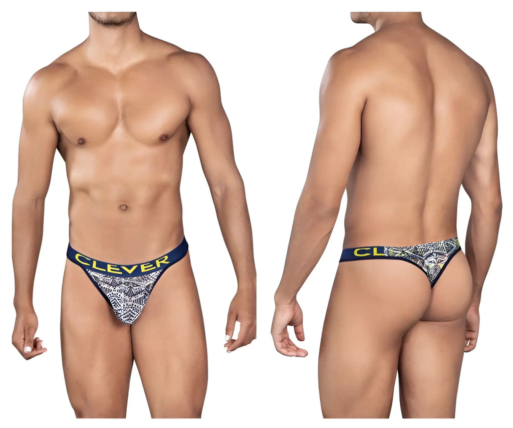 Blue and white patterned men’s briefs with yellow clever branding on waistband from clever 0921 tribal thongs color white