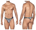 Blue and white patterned men’s briefs with yellow clever branding on waistband from clever 0921 tribal thongs color white