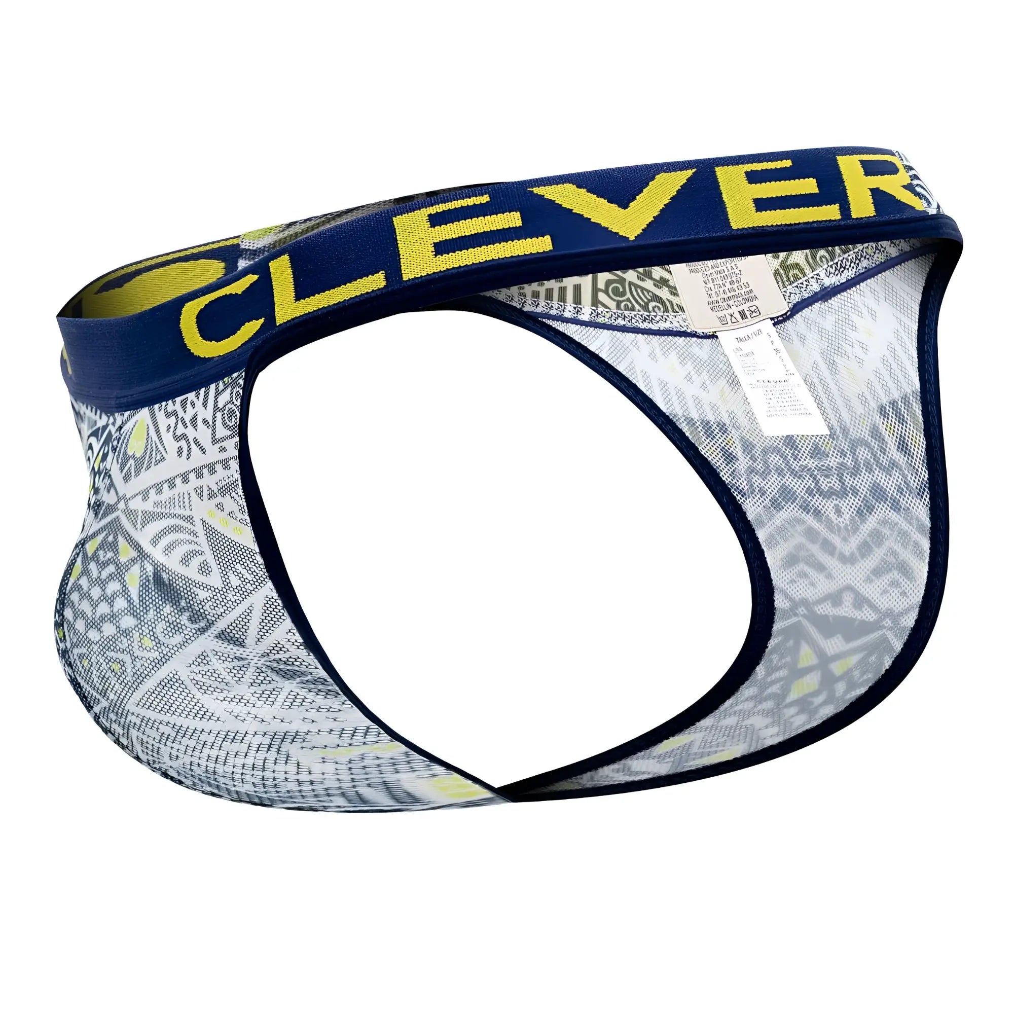 Men’s briefs with a blue and yellow geometric pattern in clever 0921 tribal thongs color white design
