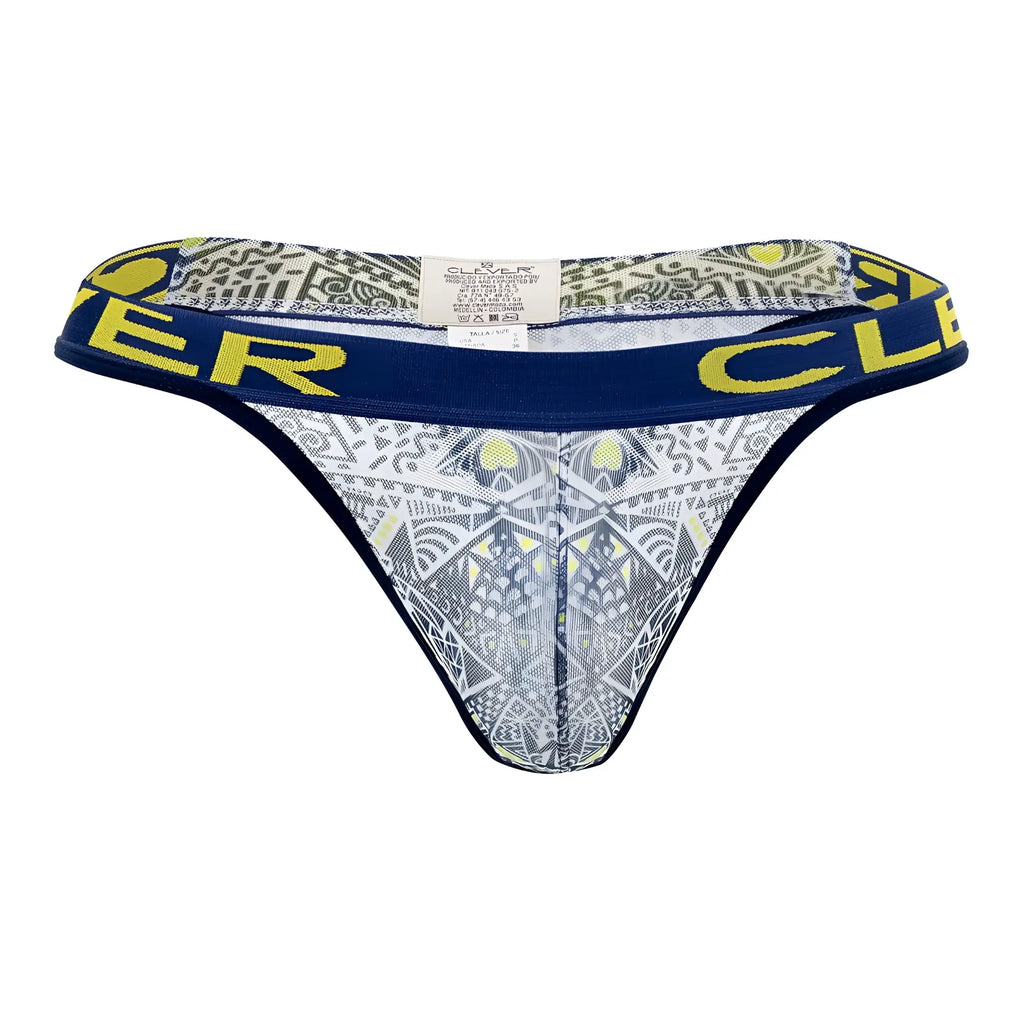 Blue and yellow patterned thong with geometric design and clever branding on white tribal thongs waistband