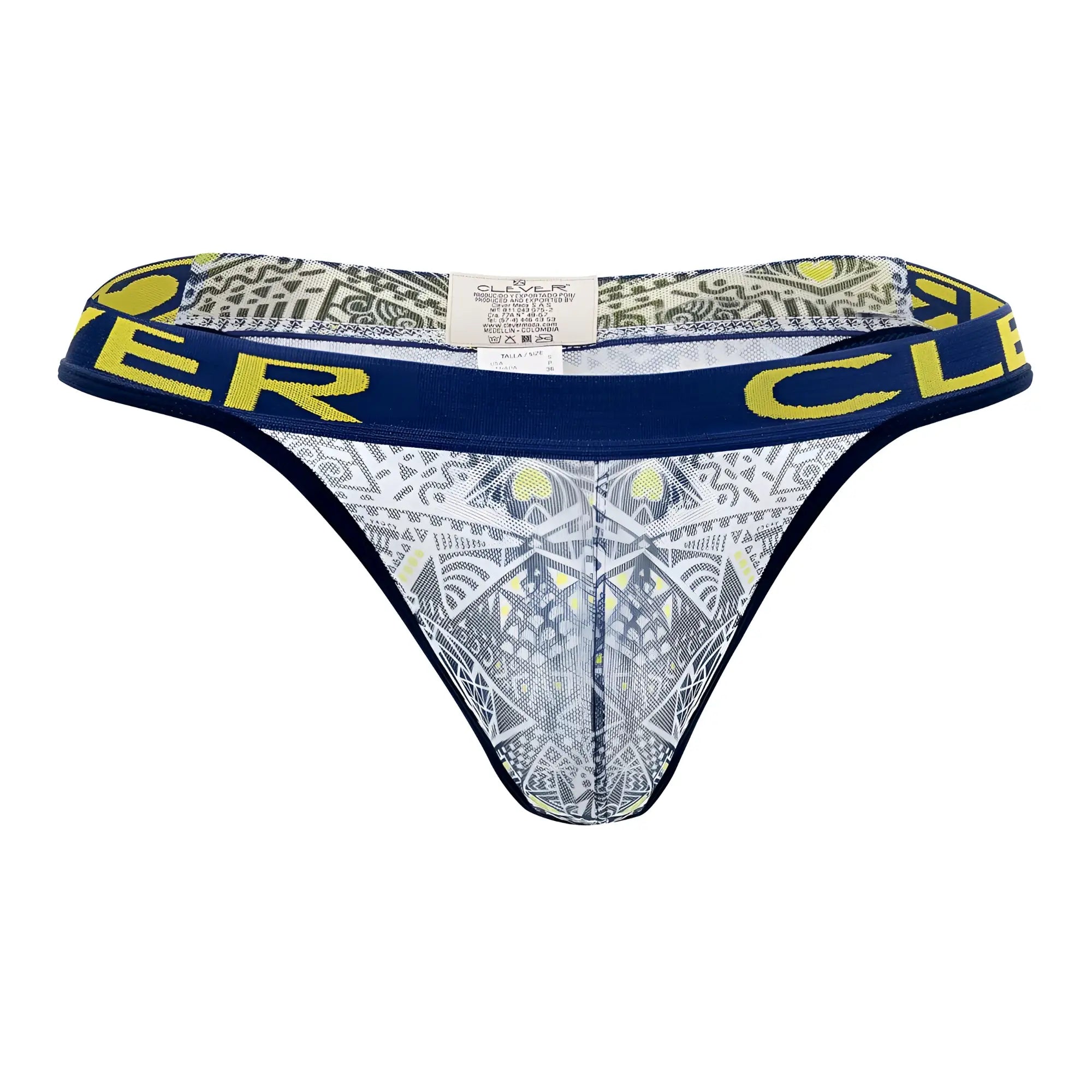 Blue and yellow patterned thong with geometric design and clever branding on white tribal thongs waistband