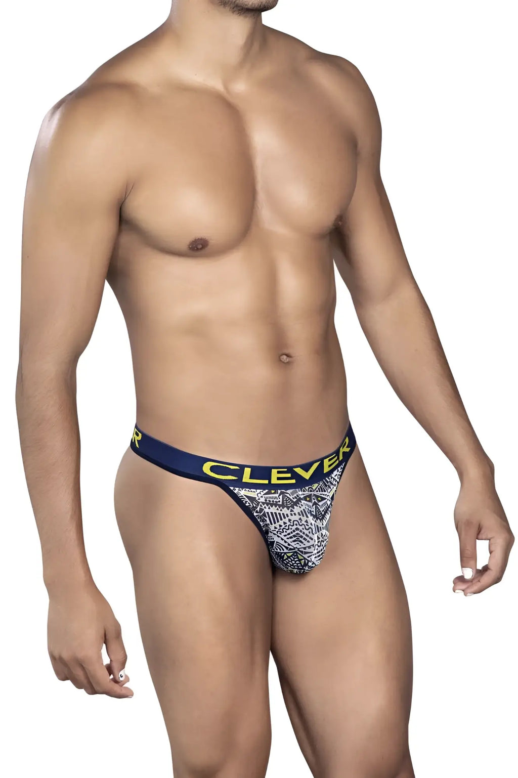 Navy blue and white patterned clever 0921 tribal thong with yellow waistband lettering in white color showing back side