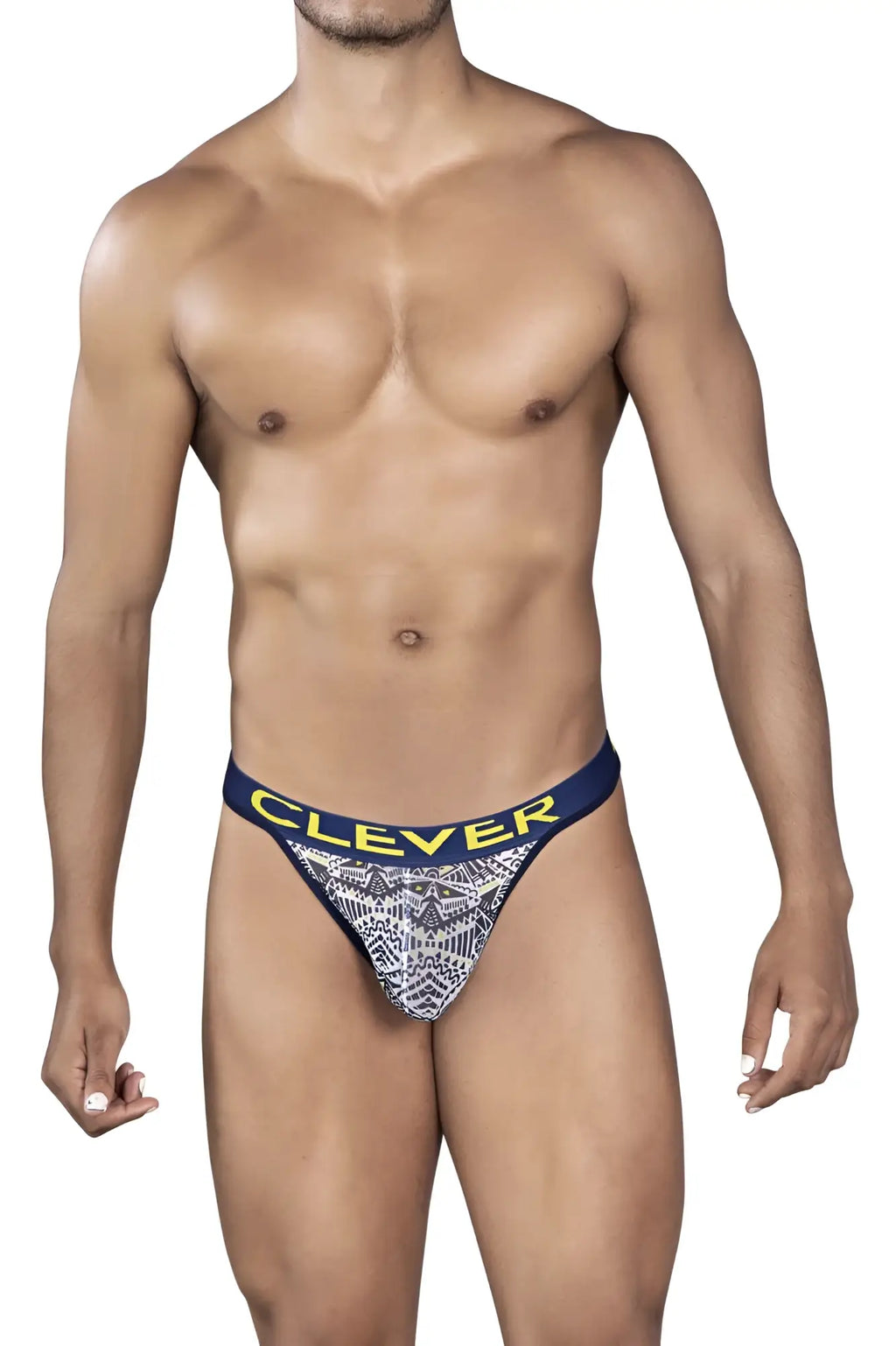 Navy blue and white patterned Clever 0921 tribal thong with yellow branding on the waistband in white color