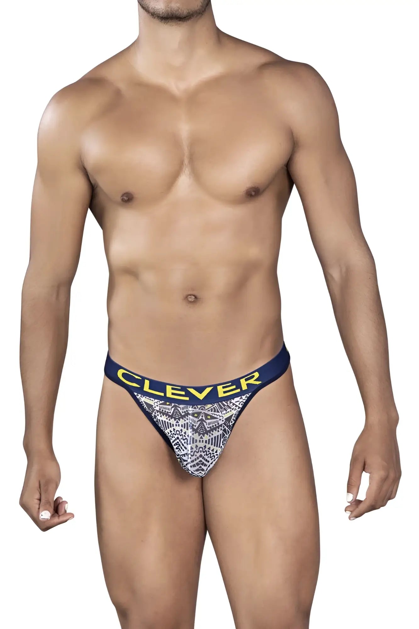 Navy blue and white patterned Clever 0921 tribal thong with yellow branding on the waistband in white color