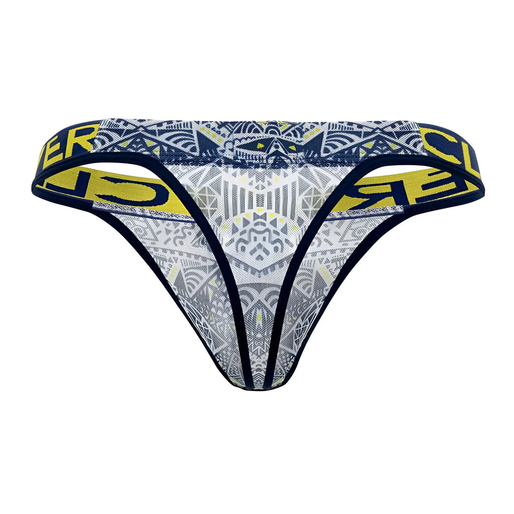 Navy and yellow geometric patterned thong in clever 0921 tribal thongs color white showing front side
