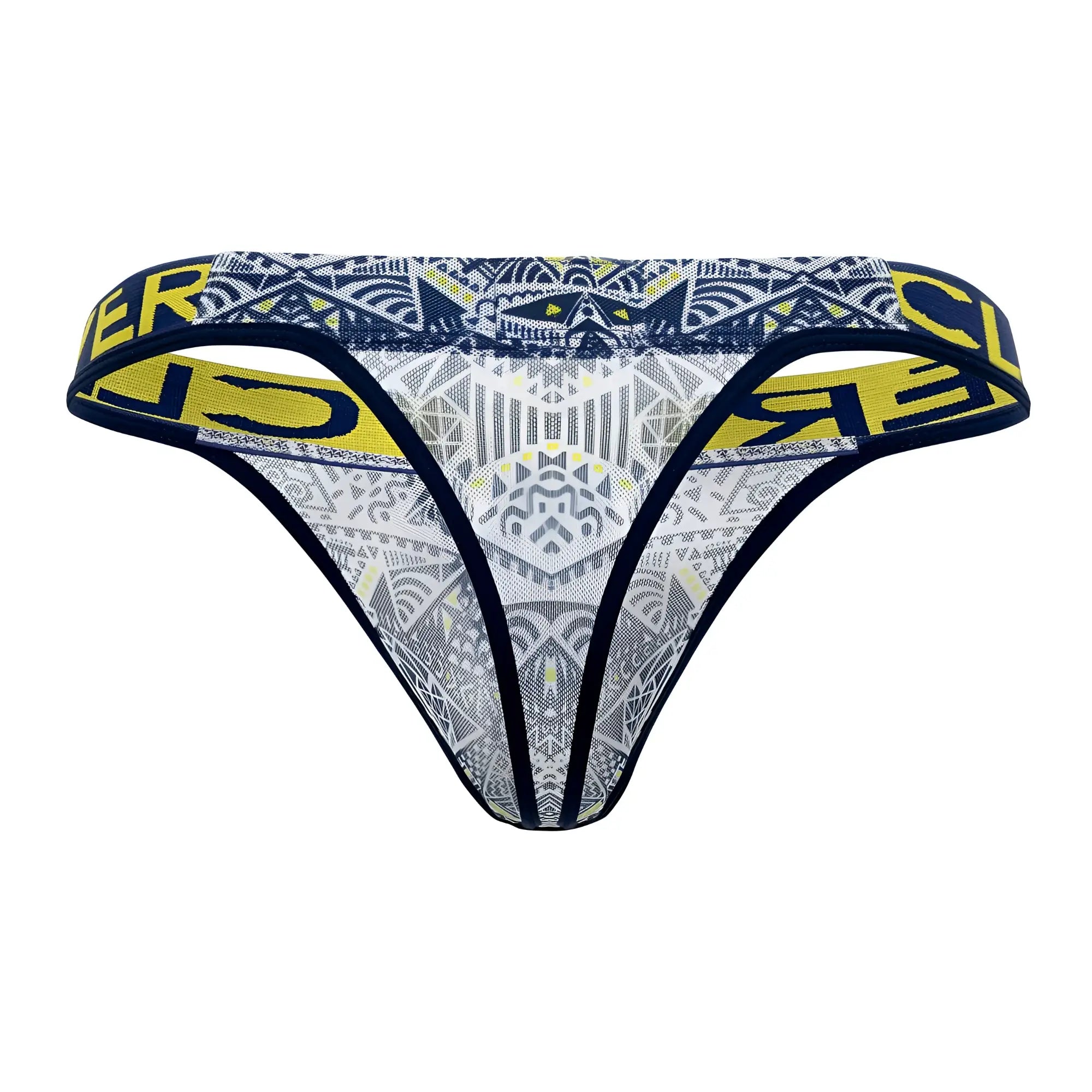 Navy and yellow geometric patterned thong in clever 0921 tribal thongs color white showing front side
