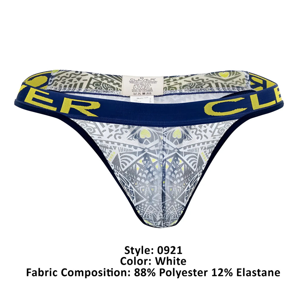 White thong Clever 0921 tribal thongs color white with navy blue waistband yellow clover lettering and geometric pattern