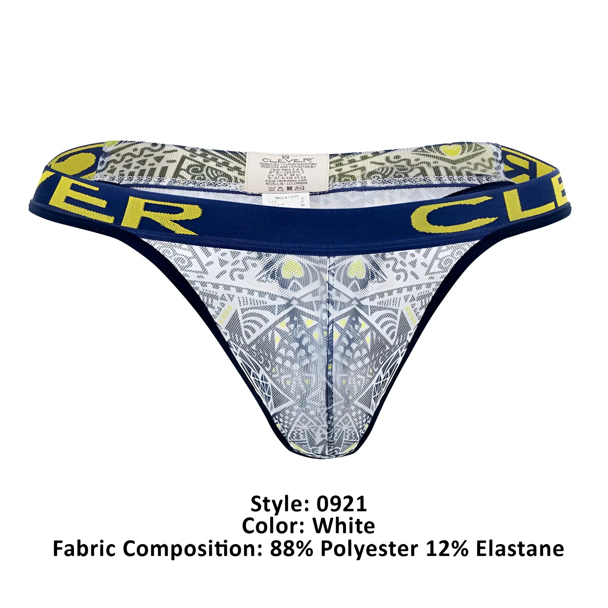 White thong Clever 0921 tribal thongs color white with navy blue waistband yellow clover lettering and geometric pattern