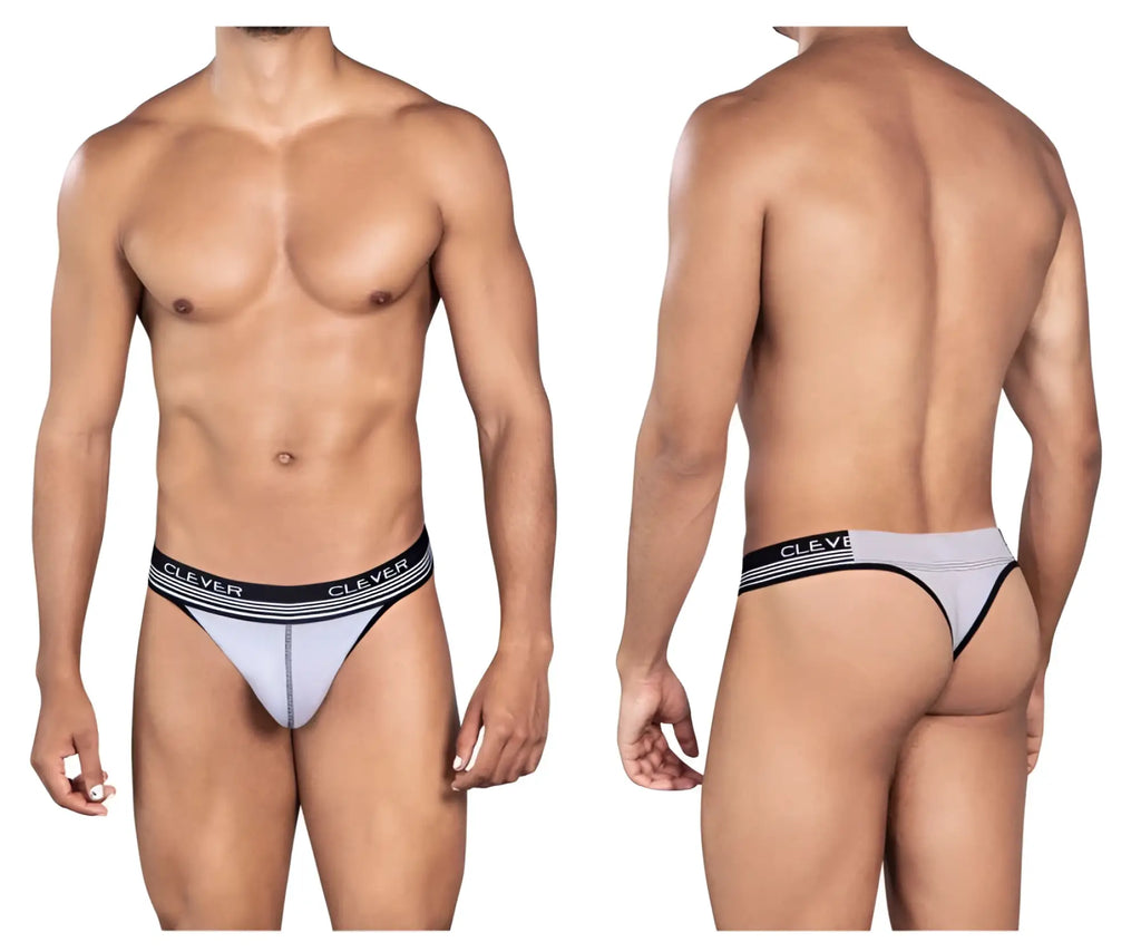 Light gray and black striped clever 0926 comfy thong with branded waistband showing front side details