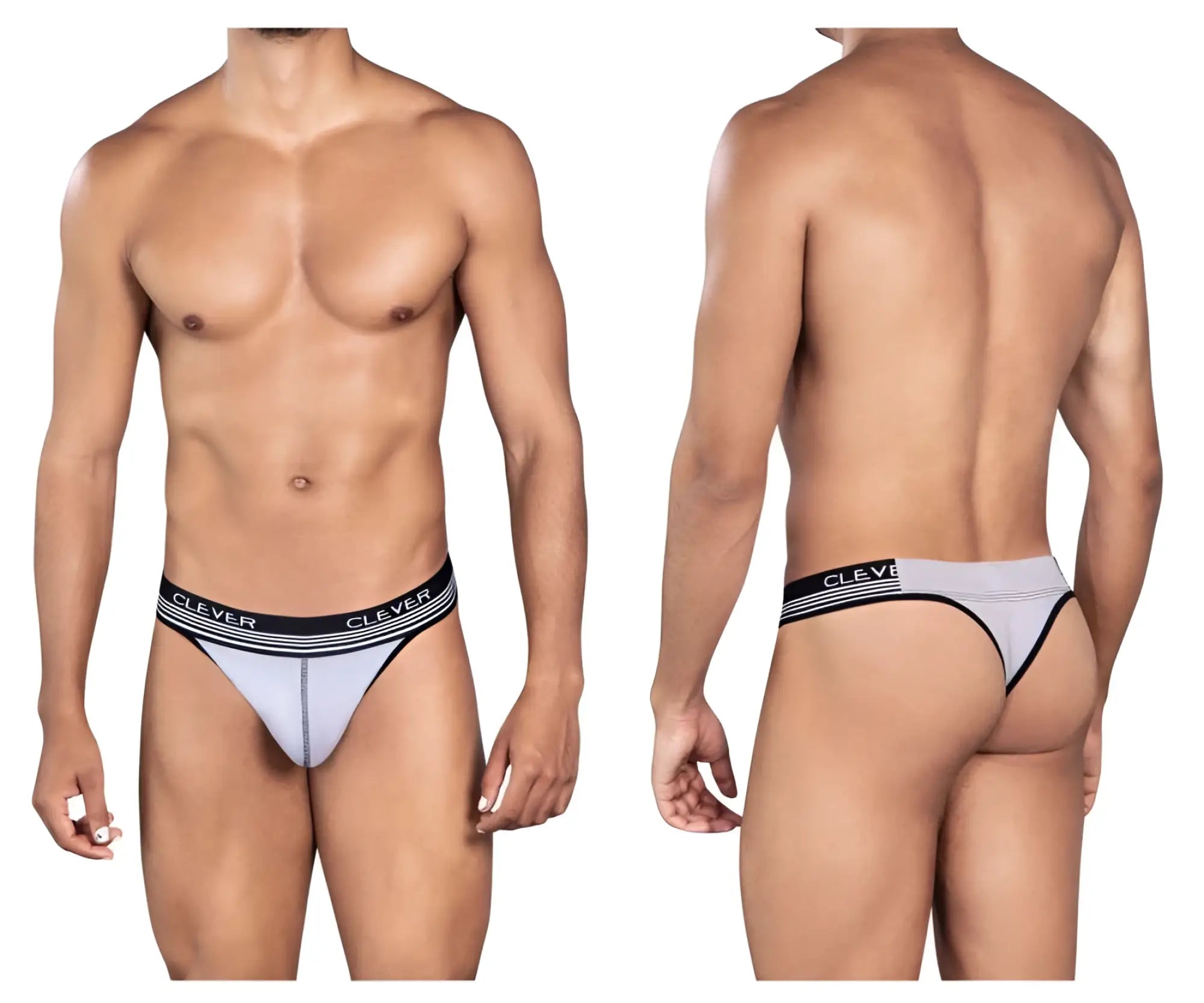 Light gray and black striped clever 0926 comfy thong with branded waistband showing front side details