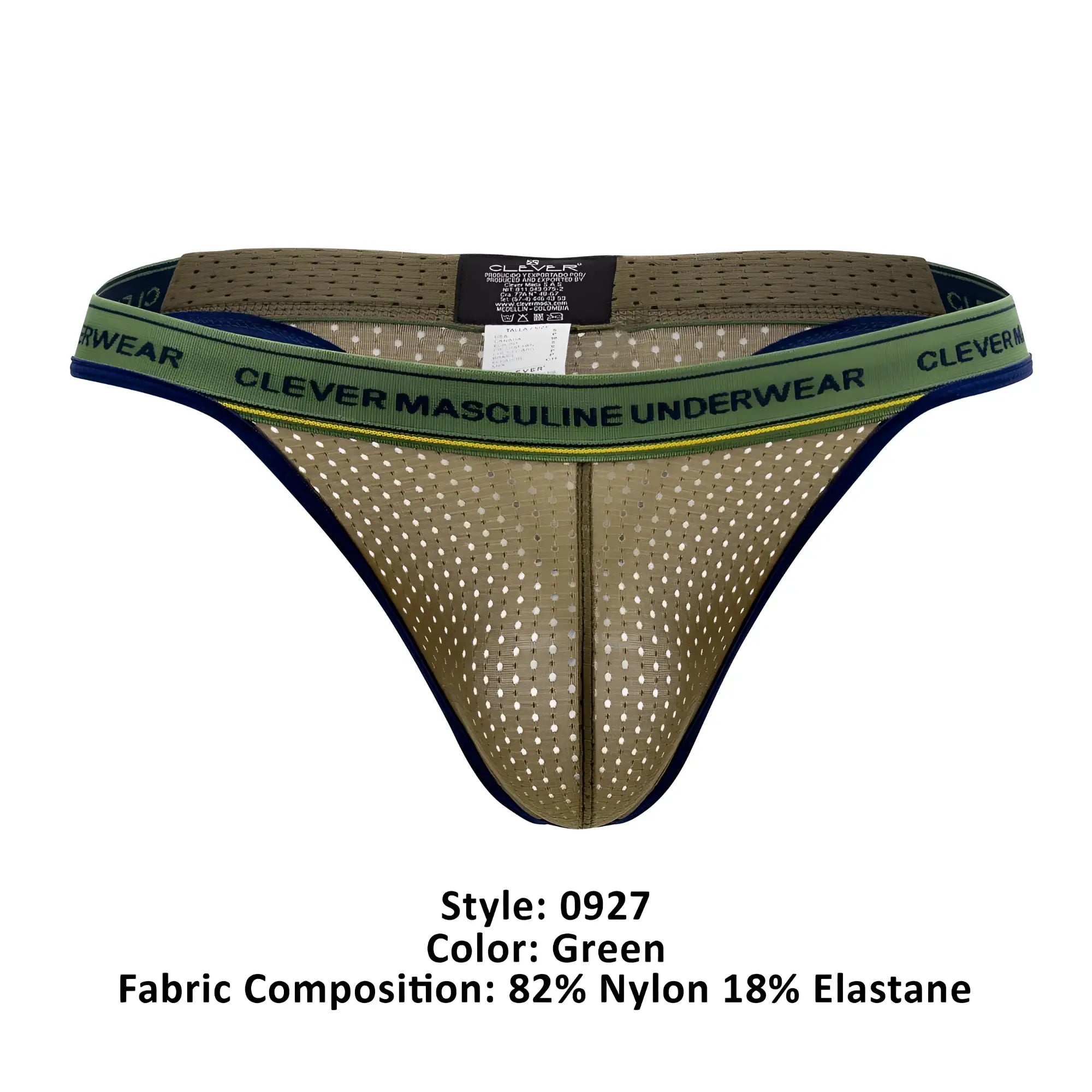 Green mesh athletic briefs with navy blue trim and clever waistband logo from clever 0927 premium thongs color green