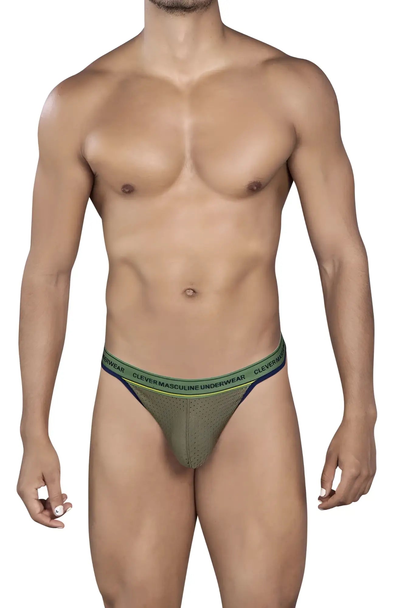 Olive green clever 0927 premium thong briefs with lime green and navy blue elastic waistband featuring clever masculine underwear branding
