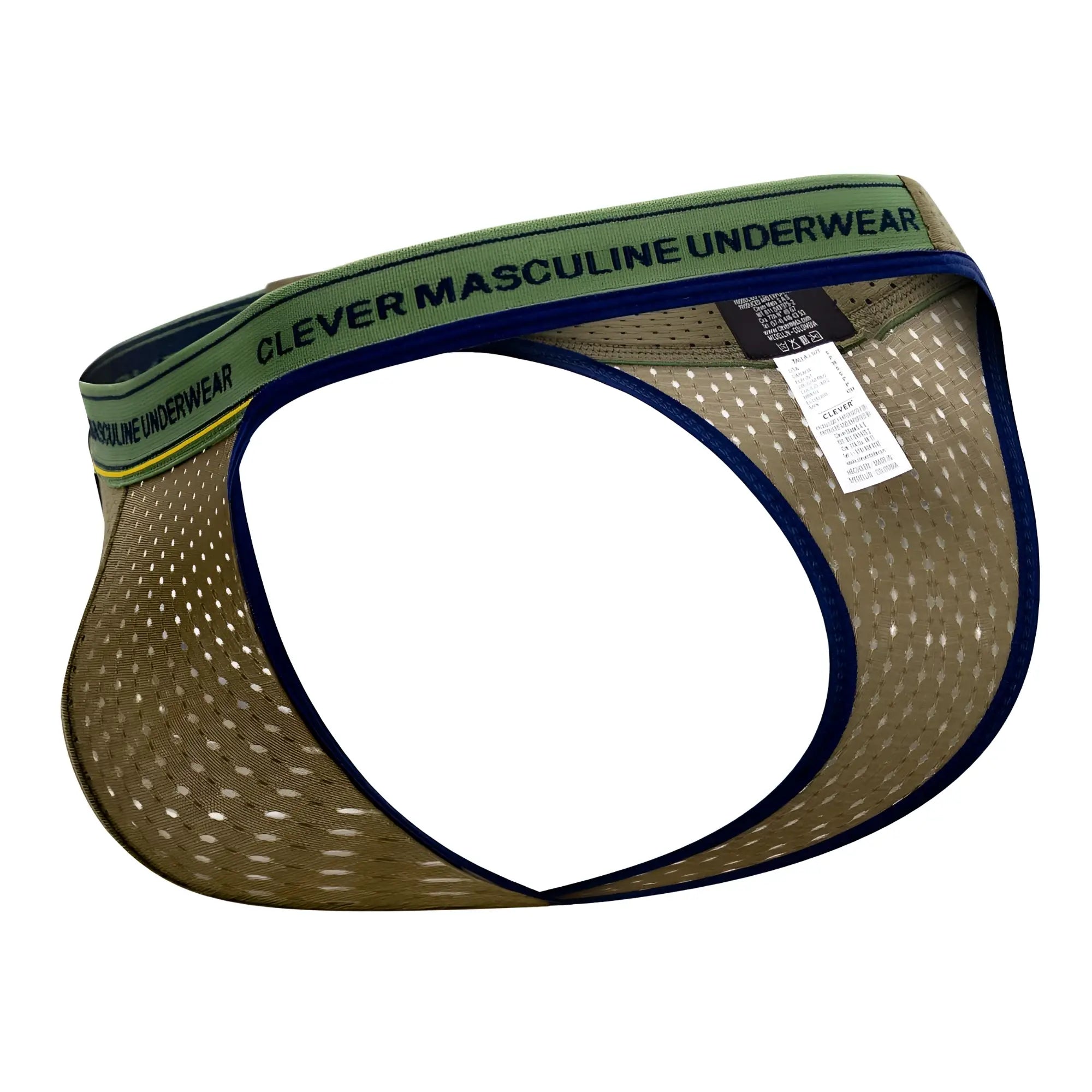 Olive green mesh briefs with navy blue trim and branded waistband from clever 0927 premium thongs color green collection