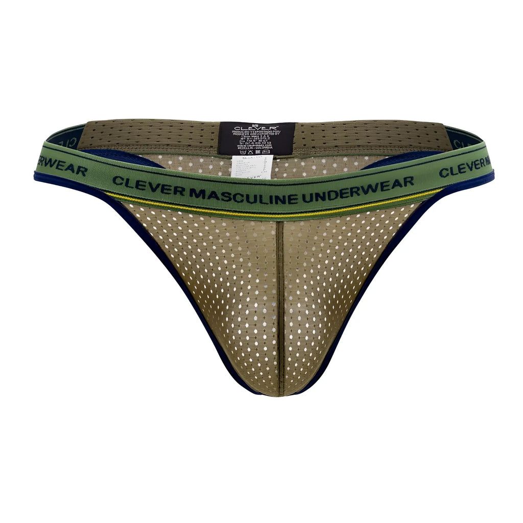 Olive green mesh thong with navy blue trim and branded waistband from clever masculine underwear visible from the front