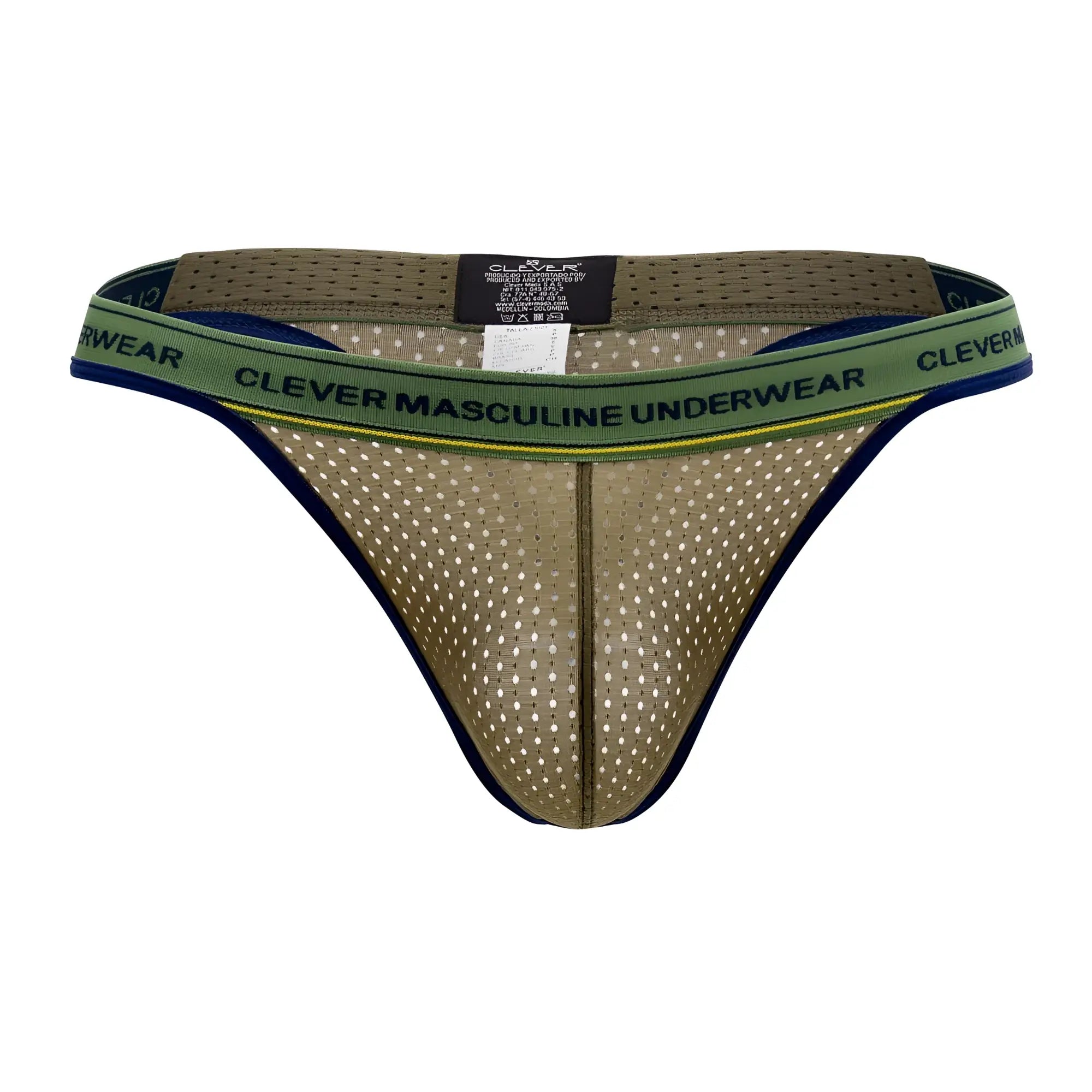 Olive green mesh thong with navy blue trim and branded waistband from clever masculine underwear visible from the front