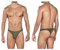 Olive green mesh thong with teal and black elastic waistband featuring clover brand name in white lettering from clever 0927