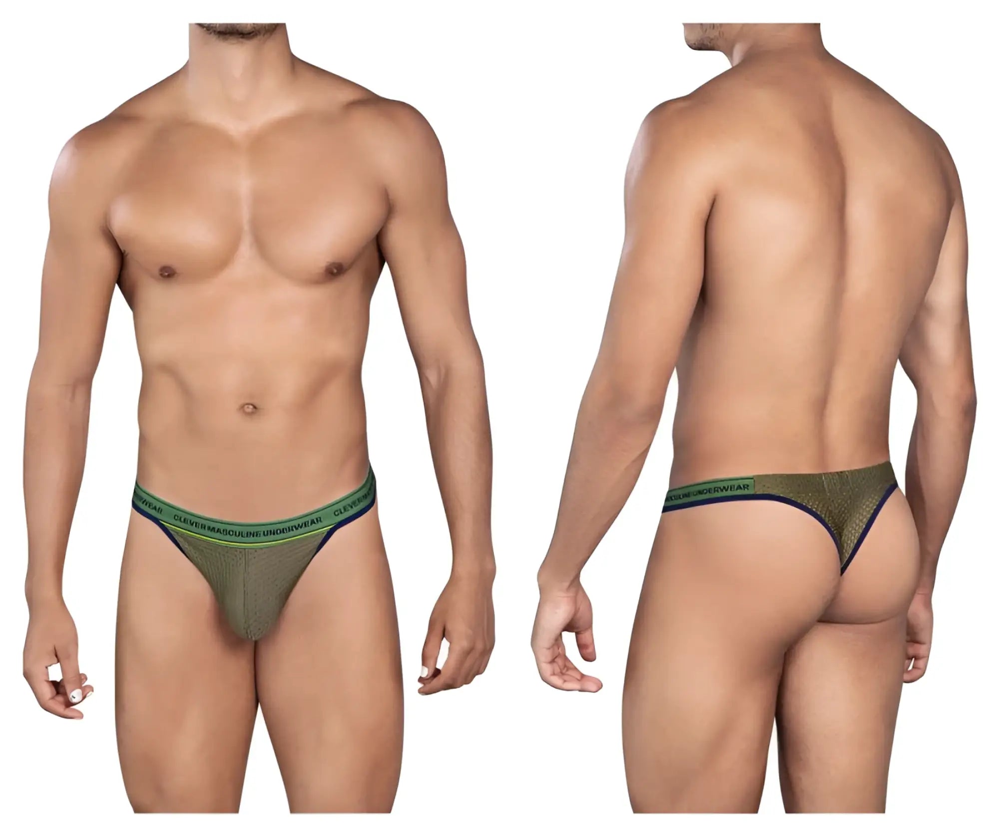 Olive green mesh thong with teal and black elastic waistband featuring clover brand name in white lettering from clever 0927