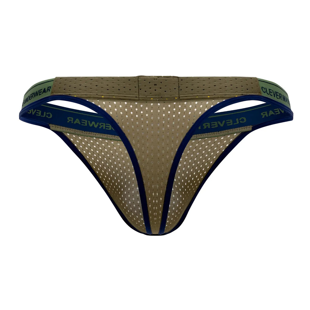 Olive green and navy blue mesh thong with cleverwear branded waistband from clever 0927 premium thongs collection