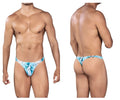 Blue and white patterned men’s thong with tropical floral design in clever 0932 art thongs color gray