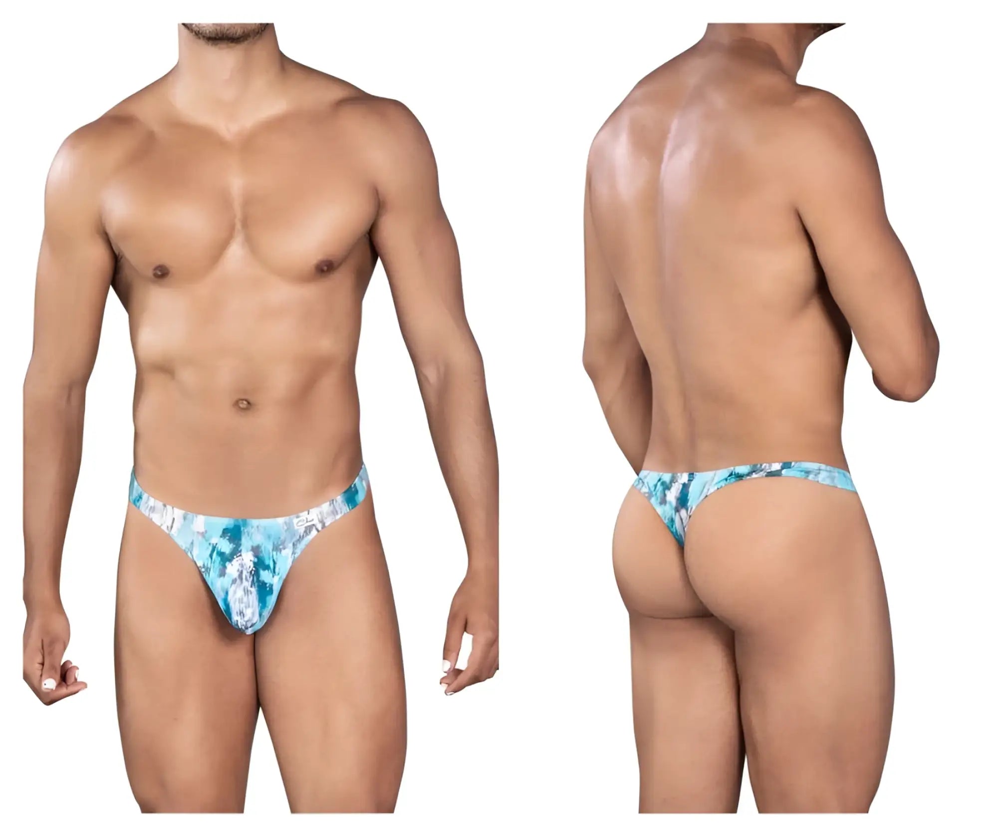 Blue and white patterned men’s thong with tropical floral design in clever 0932 art thongs color gray