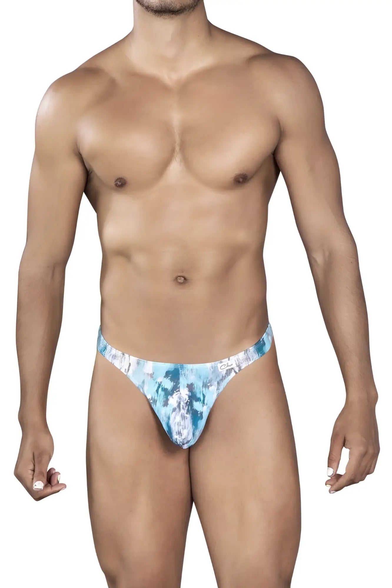 Clever 0932 art thongs gray mens thong with blue and white tropical leaf pattern front view
