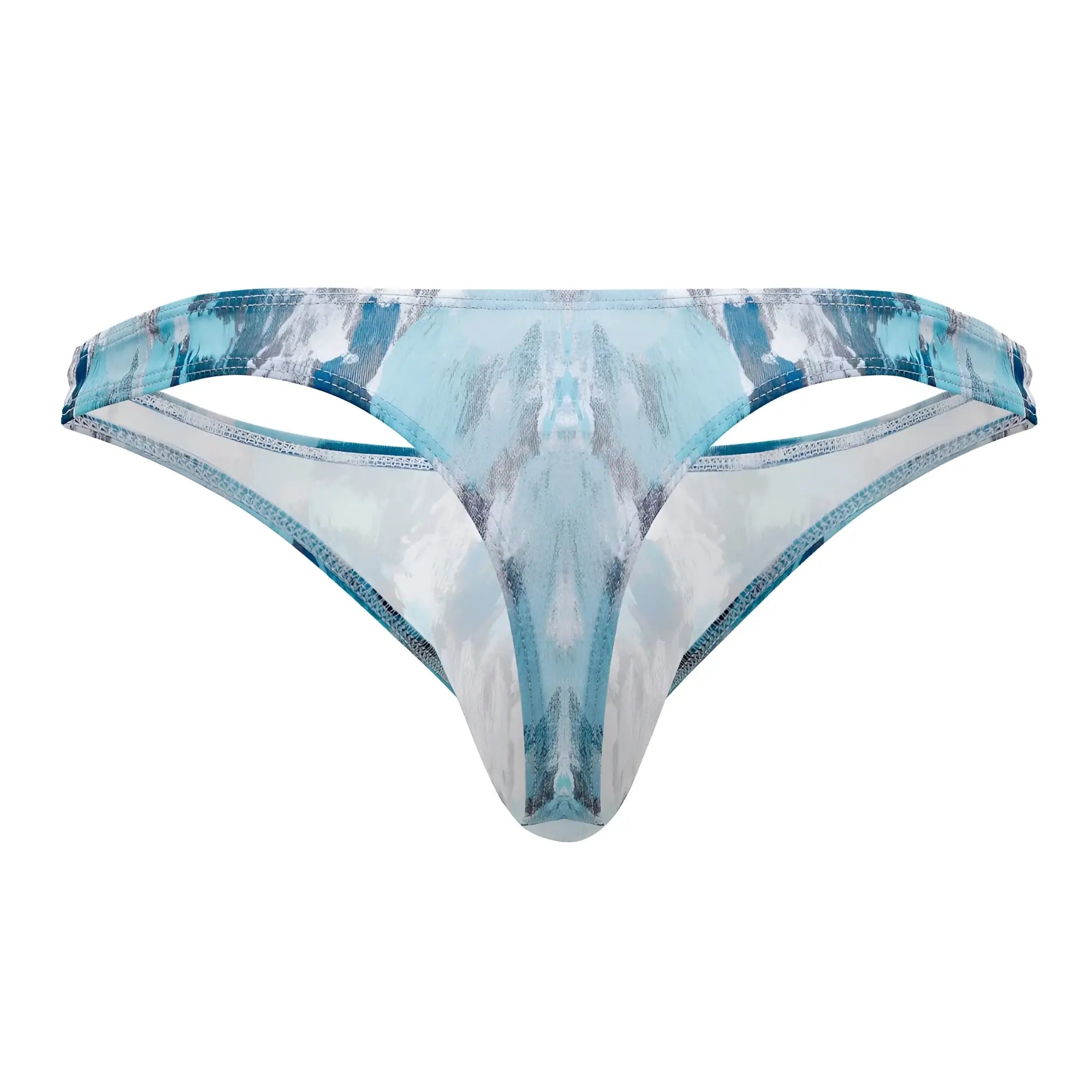 Clever 0932 art thong in gray featuring a light blue and white abstract mirrored pattern on soft fabric