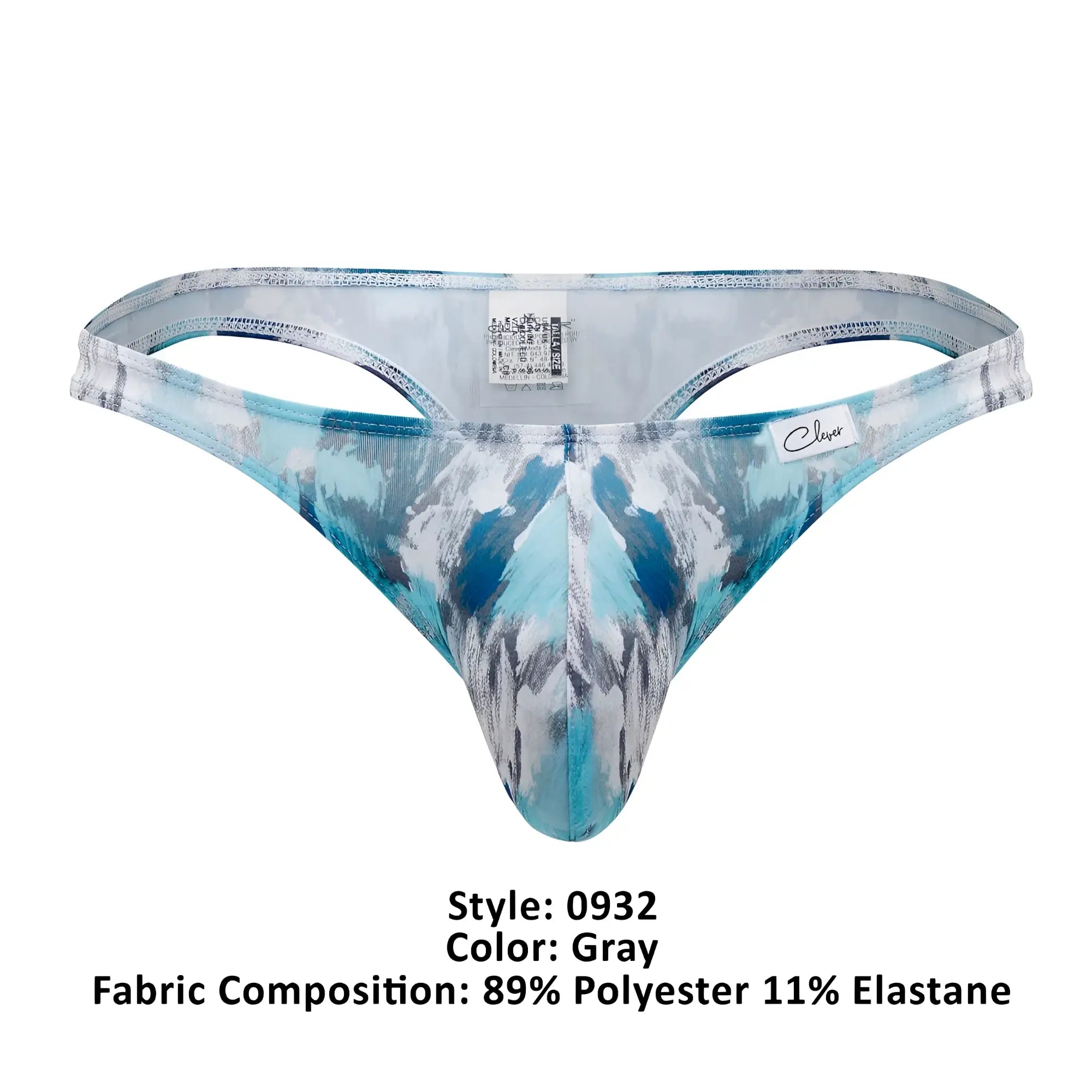 Gray patterned clever 0932 art thong with blue and white abstract design made from 89 polyester 11 elastane