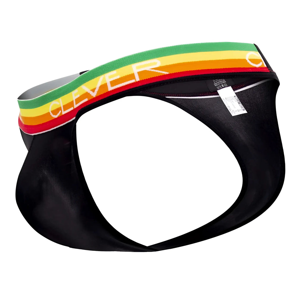 Black clever 0939 orion thong briefs with vibrant green yellow red striped waistband and white clever logo