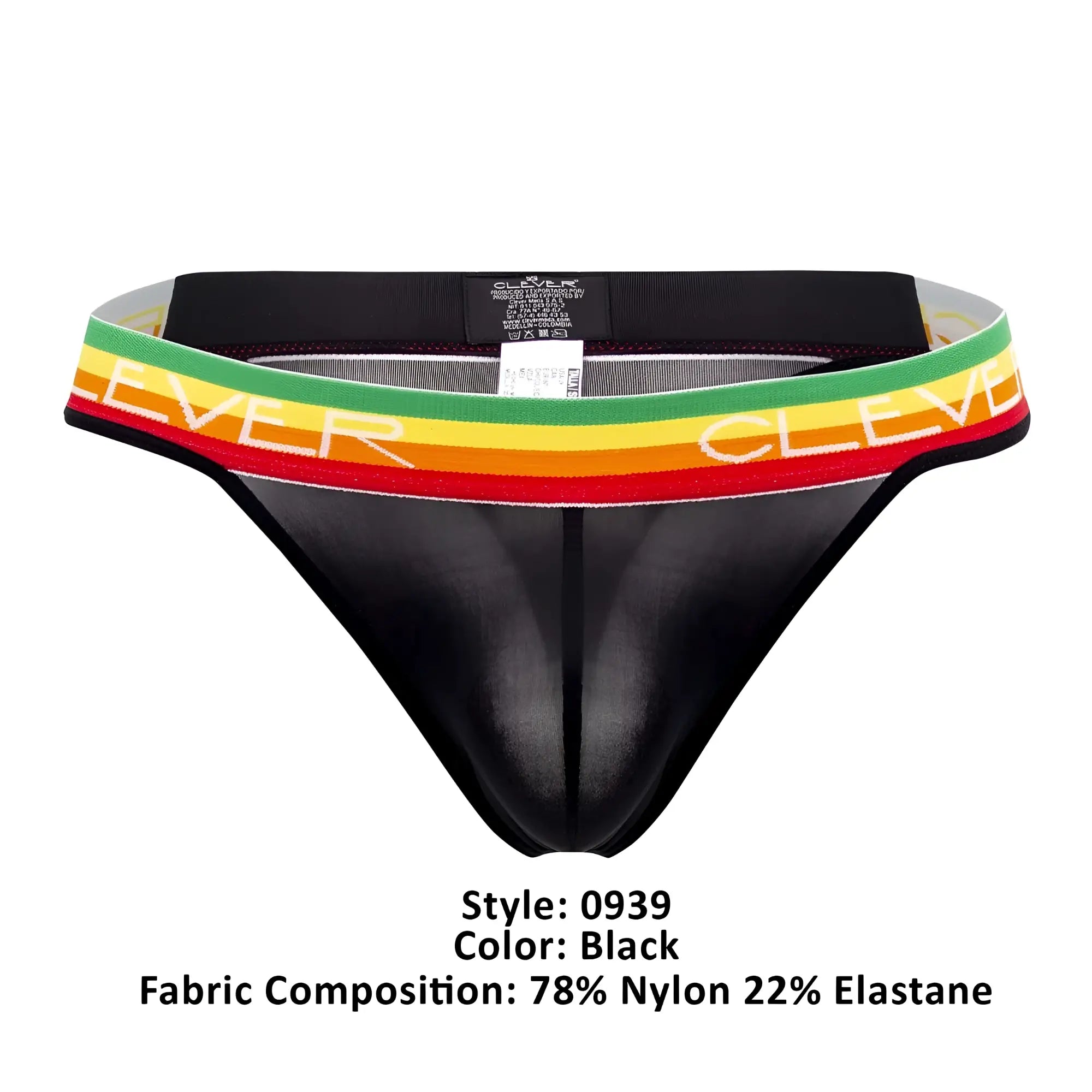 Black sheer nylon and elastane thong with colorful rasta-striped waistband and clever branding