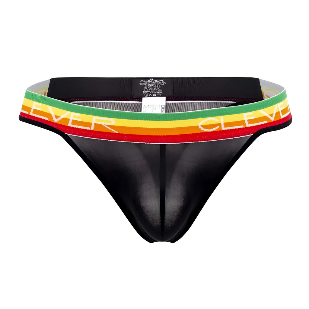 Black sheer clever 0939 orion thong with colorful rainbow-striped waistband featuring clever lettering