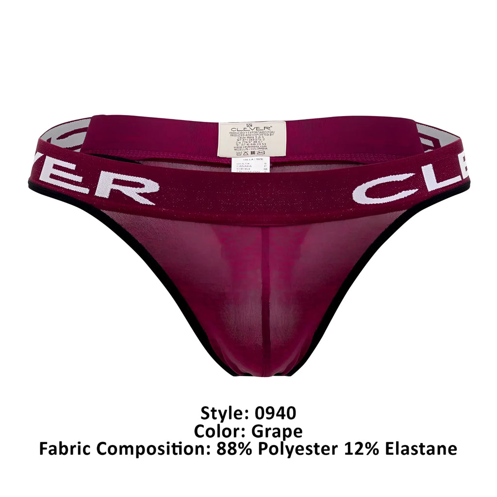 Grape-colored sheer mesh thong with wide elastic waistband featuring white clover lettering and black trim back view