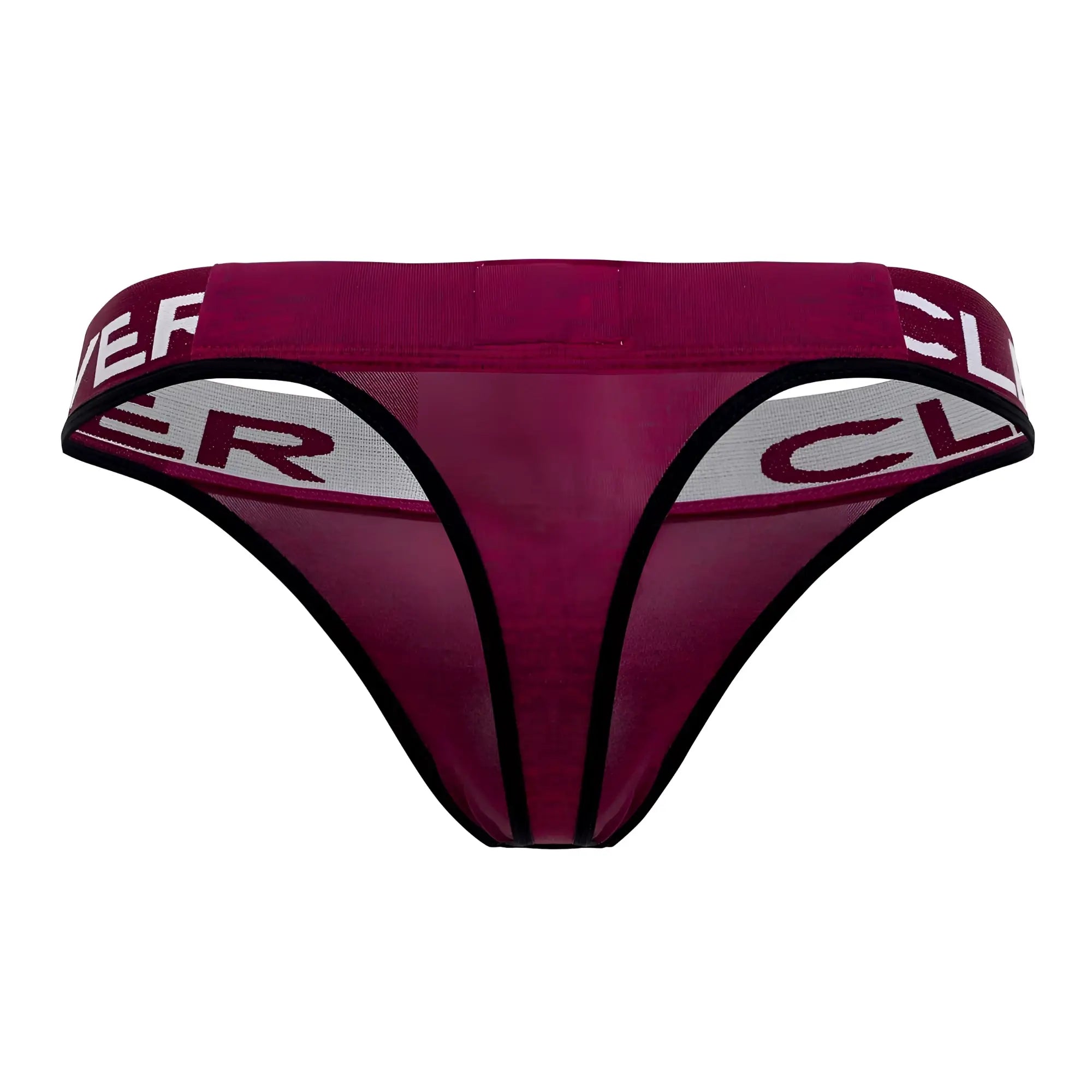 Clever 0940 jasped thong in grape color with maroon mesh, black trim, and gray waistband featuring brand name
