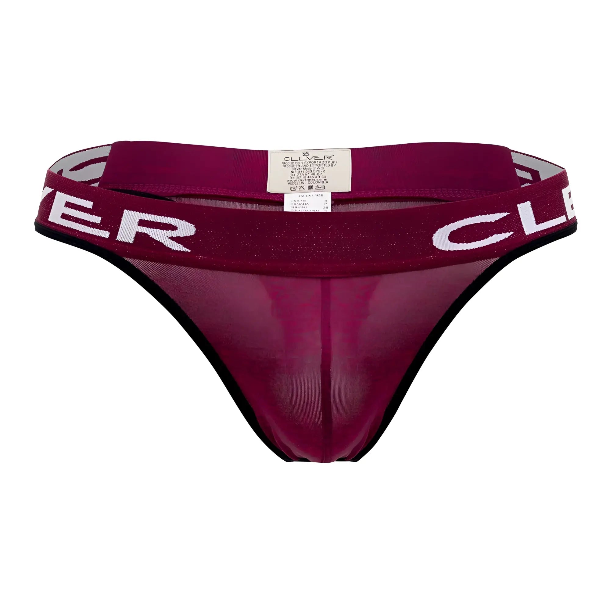 Maroon sheer mesh clever 0940 jasped thong with black trim and white clover lettering on the waistband