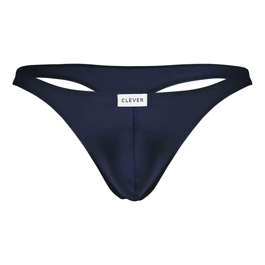 Navy blue clever brand thong with smooth satin fabric and cutout details on waistband in clever 100007 3pk australian latin thongs