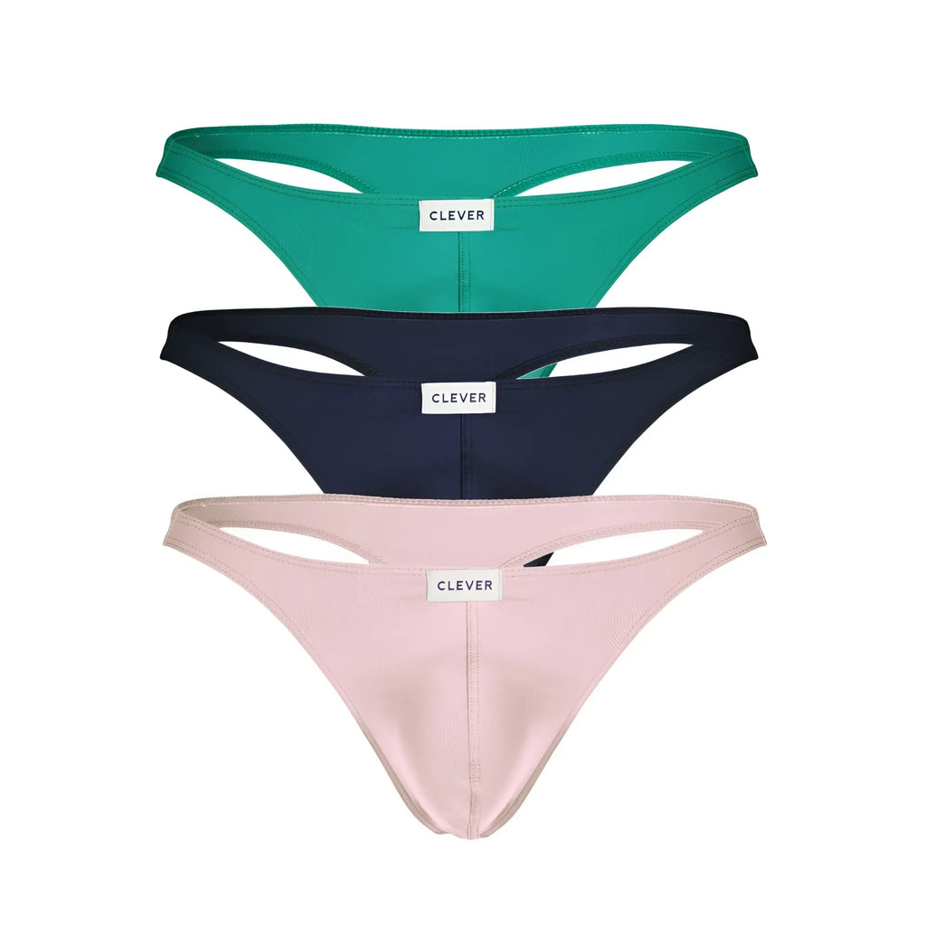 Set of three sleek minimalist thong underwear in teal navy blue and blush pink by Clever Australian Latin style