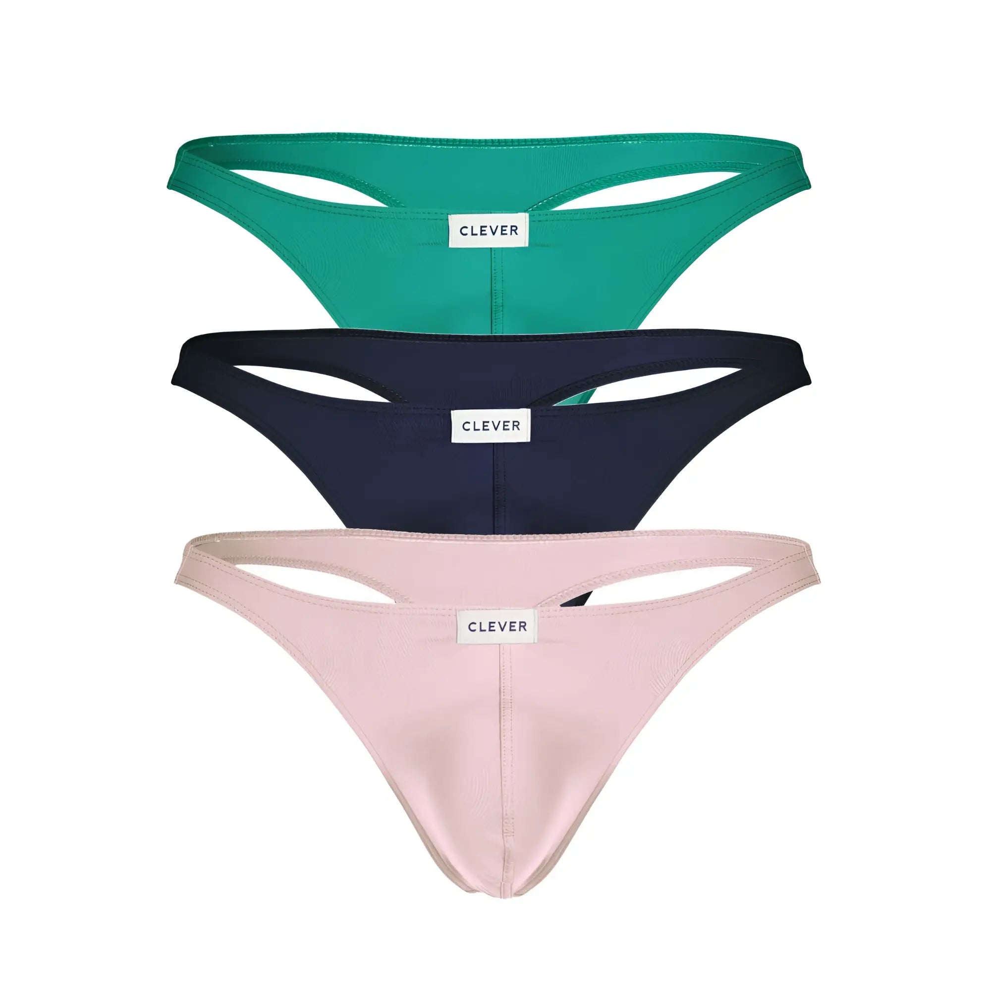 Set of three sleek minimalist thong underwear in teal navy blue and blush pink by Clever Australian Latin style