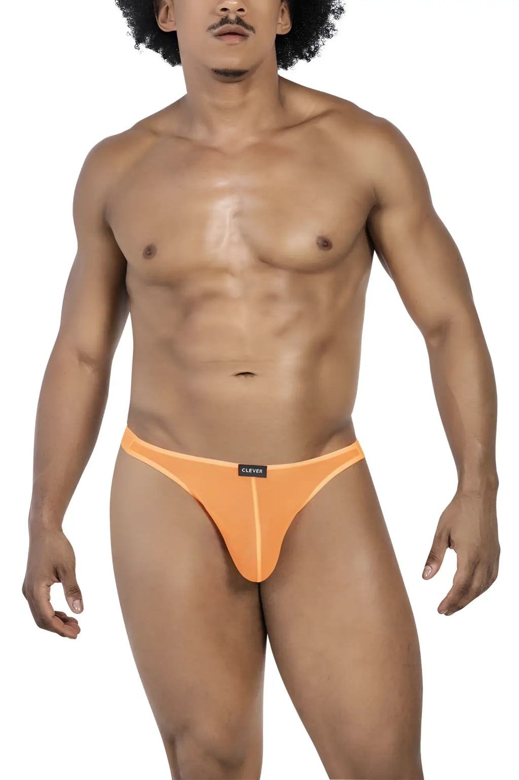 Orange sheer fabric briefs with black brand tag at waistband from clever 100008 3pk australian latin thongs black-orange-black