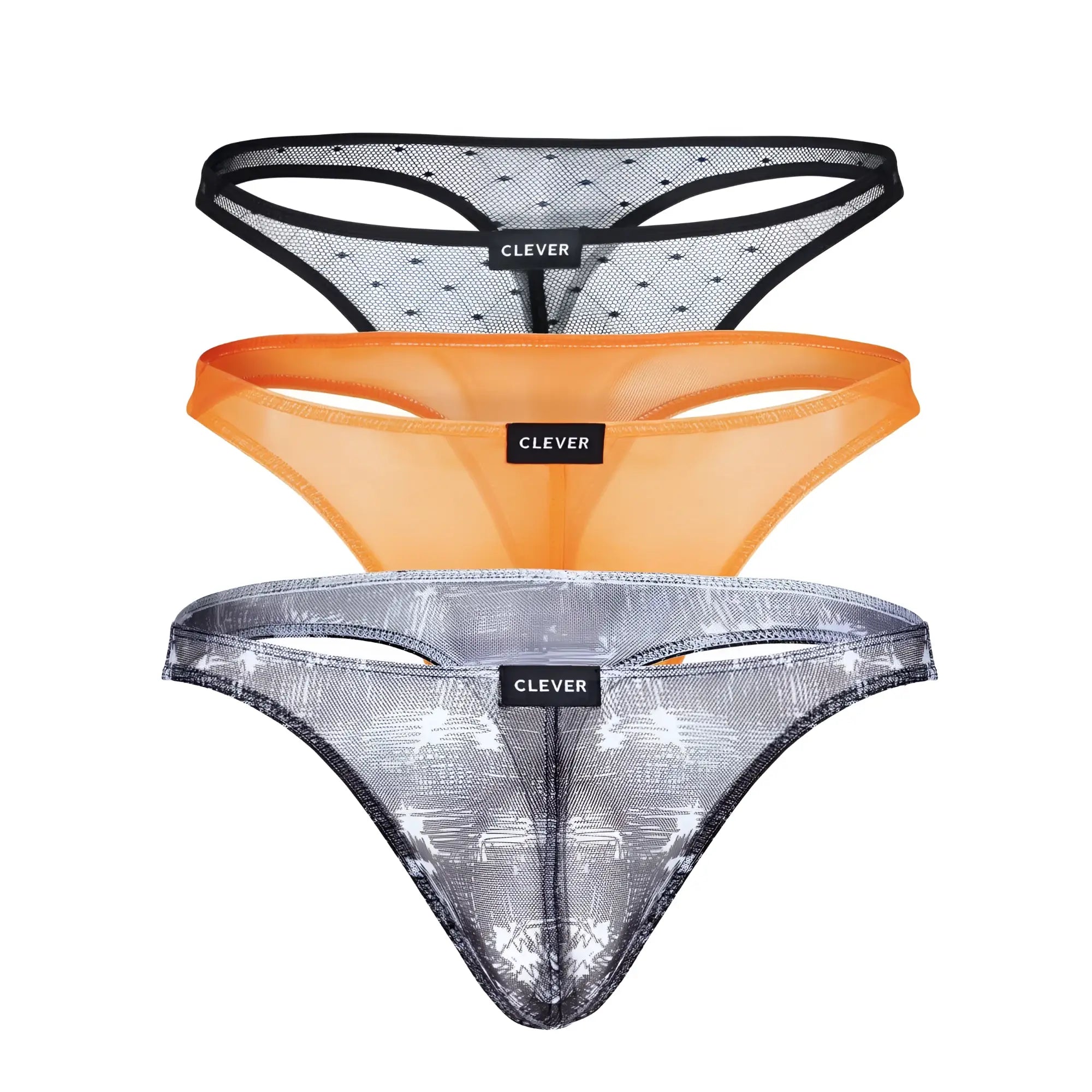 Three clever brand thong underwear pieces in sheer mesh with black trim and gray orange and silver patterns