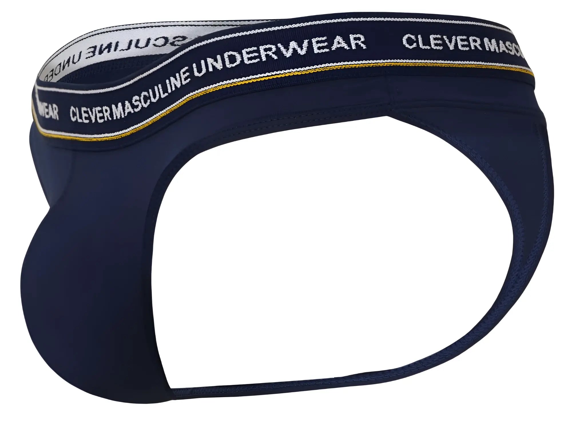 Navy blue men’s briefs with a white and gold waistband reading clever masculine underwear from the Clever 100010 3PK
