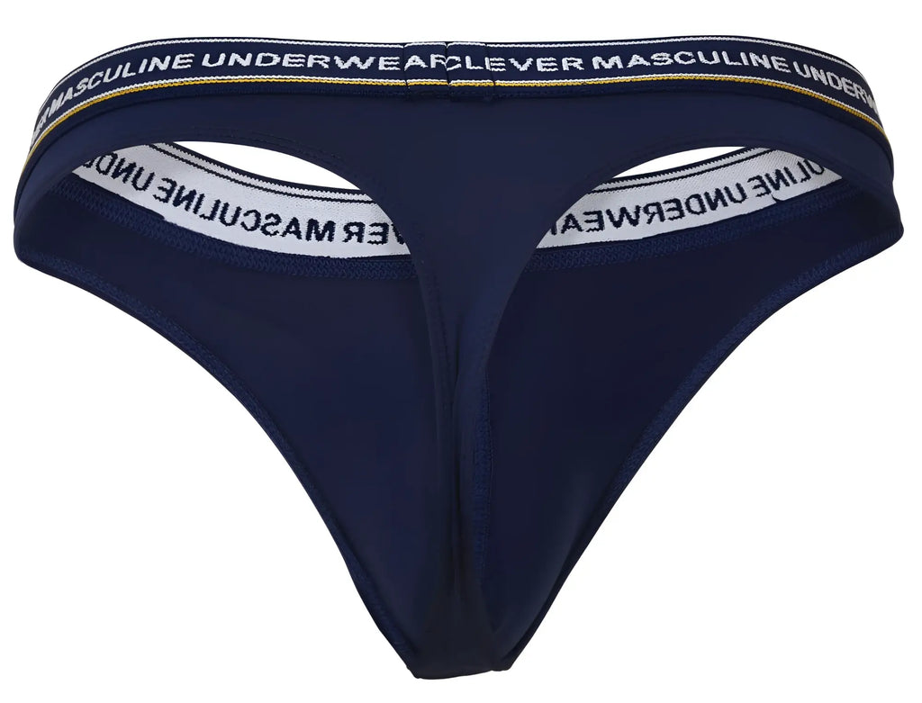 Navy blue clever 100010 thong with white and gold trim and masculine underwear waistband, front side view