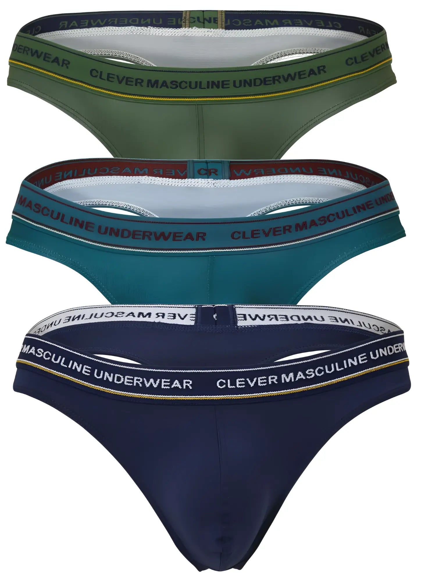 Set of three clever 100010 men’s briefs in olive green teal and navy blue with elastic waistbands and masculine branding