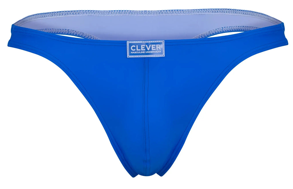 Bright blue clever 10009 pride thong with light gray interior lining and stitched trim in multi-colored pack