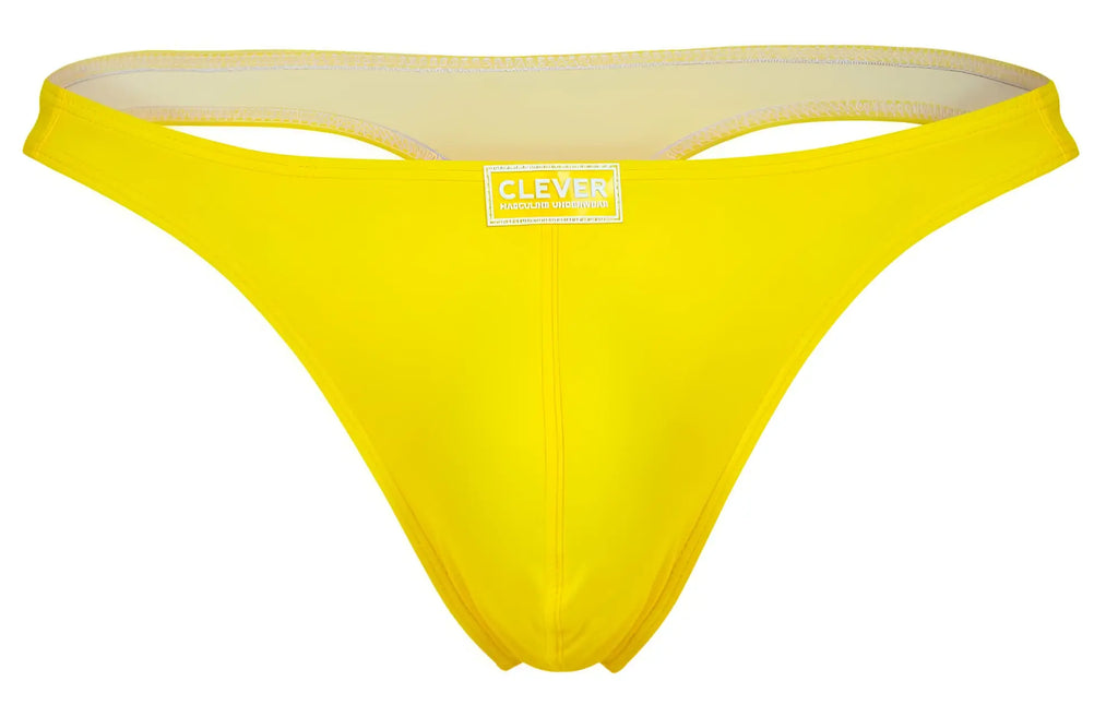Bright yellow smooth-textured thong with beige lining and clever brand label from Clever 10009 7PK Pride Thongs