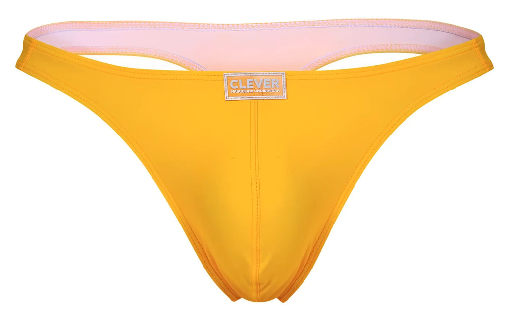 Bright yellow thong with soft pink inner lining and clever brand label from Clever 10009 7PK Pride thongs multi-colored pack