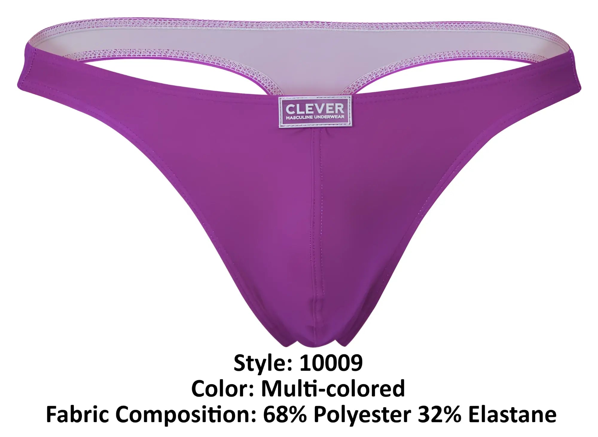 Purple multi-colored clever 10009 pride thong with white inner lining and branded label front view