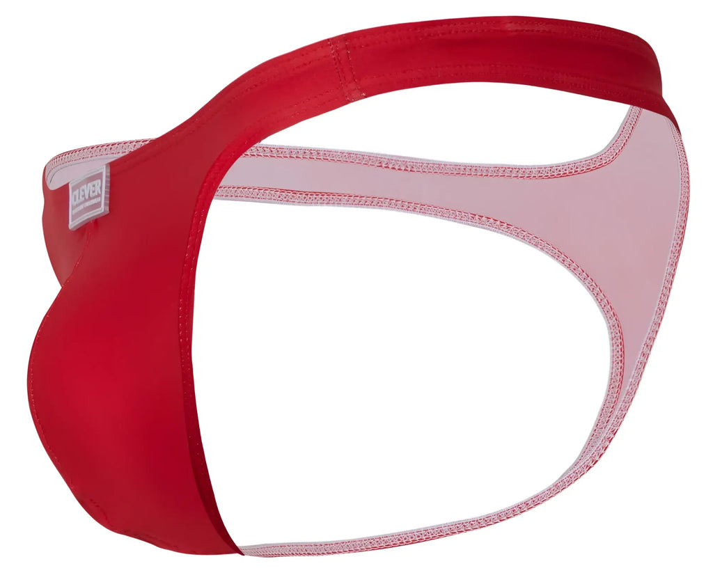 Red men’s thong with white inner lining pink stitching and trever label part of clever 10009 7pk pride thongs multi-colored pack